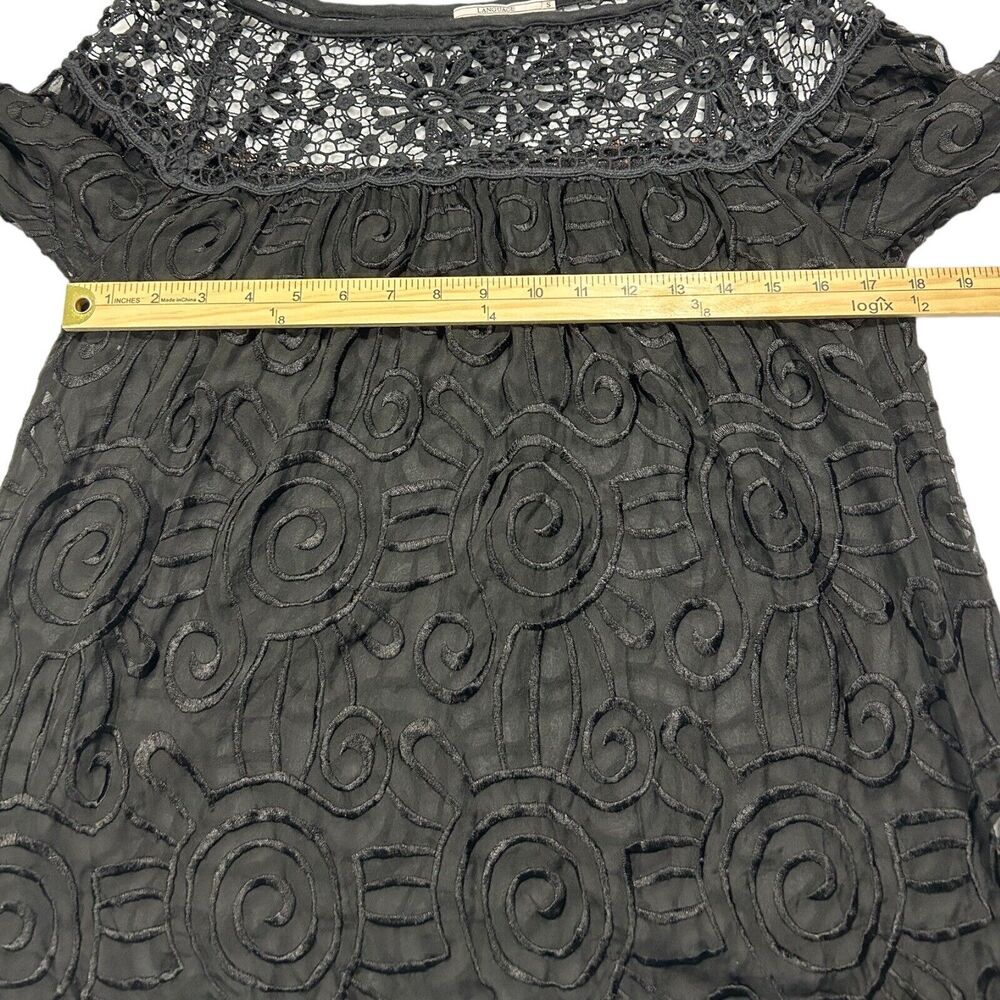 Language Womens Embroidered Tunic Top Lace Yoke 3/4 Sleeve Silk Blend Black Sz S - Picture 9 of 14